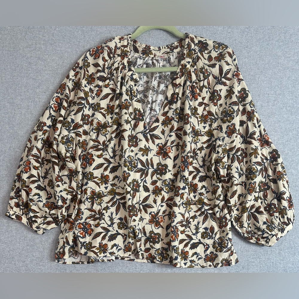 Faherty Portia Blouse Womens XL Linen Floral Indee Top Boho Hippie Relaxed EUC